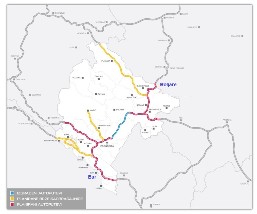 Mapa autoputeva i brzih cesta kroz Crnu Goru, izgrađenih i planiranih