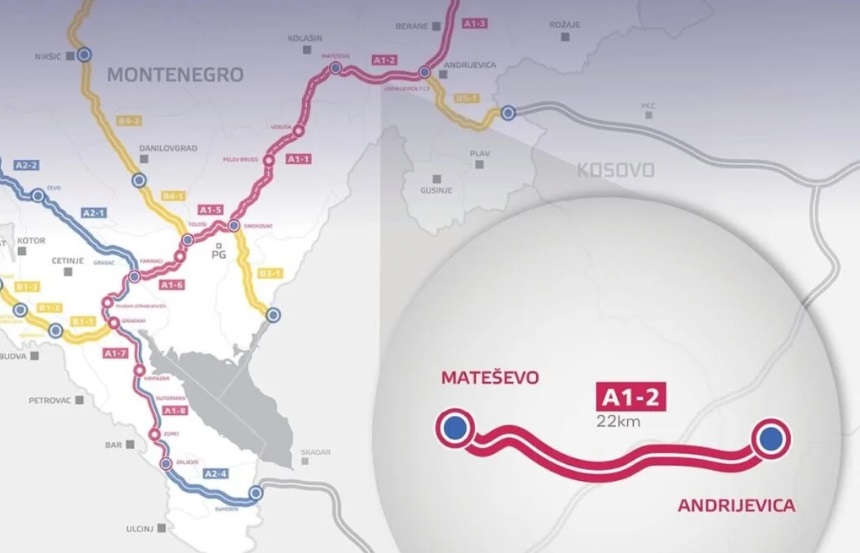 Mapa dionice Mateševo -  Andrijevica kroz Crnu Goru na autoputu Bar - Boljare ka Srbiji